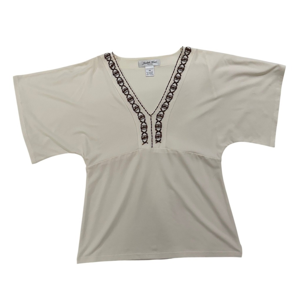 Judith Hart Petites PM Ivory Embellished V Neck Stretch Blouse Top Y2K